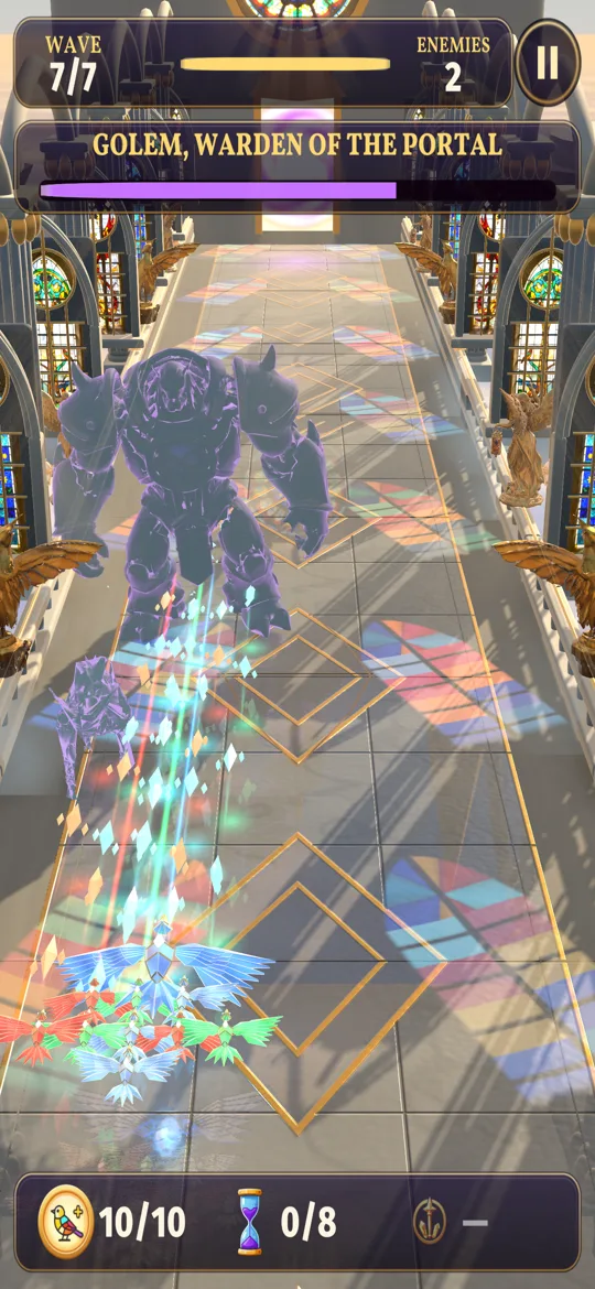 The cathedral golem boss walking toward the flock