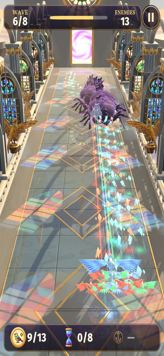 A flock of glass birds firing prismatic beams down the nave
